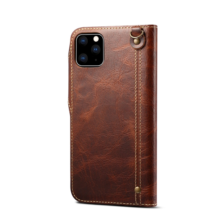 For iPhone 11 Pro Denior Oil Wax Cowhide Magnetic Button Horizontal Flip Leather Case with Card Slots & Wallet(Brown) Eurekaonline