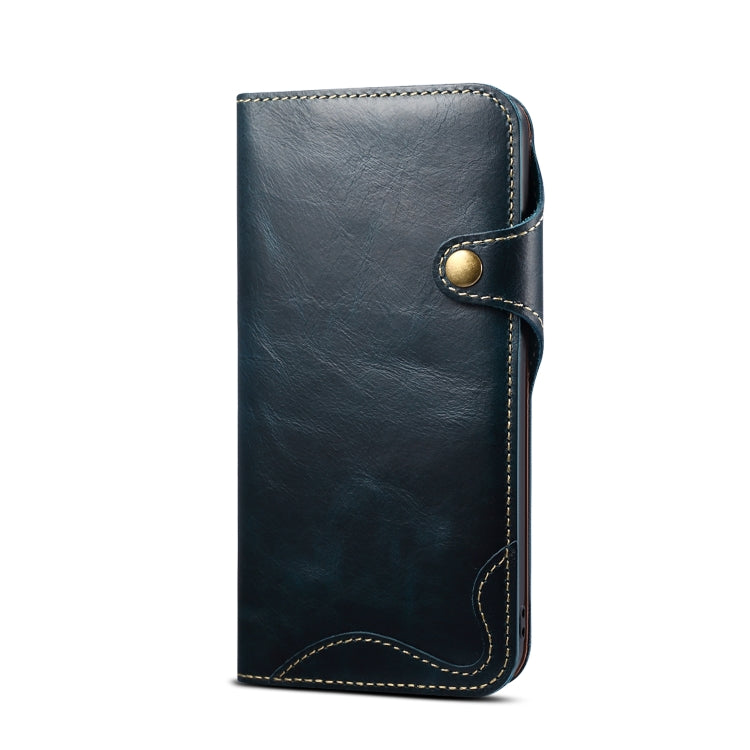 For iPhone 11 Pro Denior Oil Wax Cowhide Magnetic Button Horizontal Flip Leather Case with Card Slots & Wallet(Dark Blue) Eurekaonline