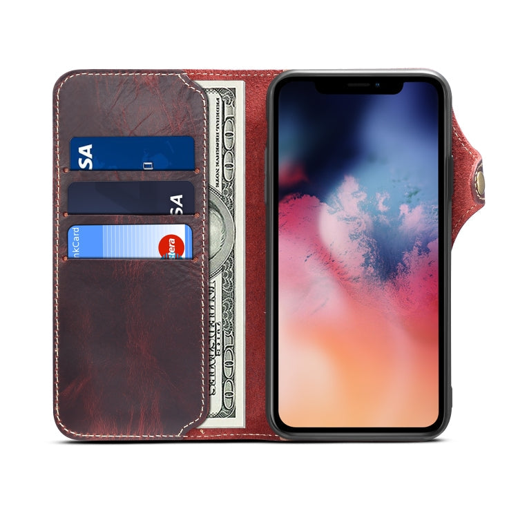 For iPhone 11 Pro Denior Oil Wax Cowhide Magnetic Button Horizontal Flip Leather Case with Card Slots & Wallet(Dark Red) Eurekaonline