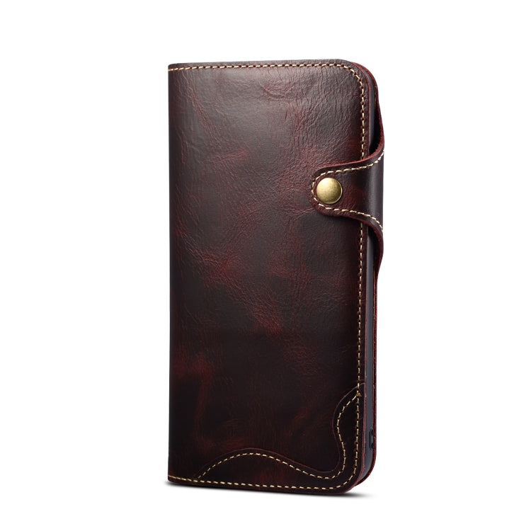 For iPhone 11 Pro Denior Oil Wax Cowhide Magnetic Button Horizontal Flip Leather Case with Card Slots & Wallet(Dark Red) Eurekaonline