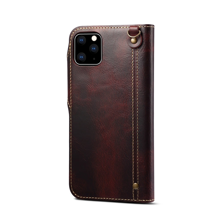 For iPhone 11 Pro Denior Oil Wax Cowhide Magnetic Button Horizontal Flip Leather Case with Card Slots & Wallet(Dark Red) Eurekaonline
