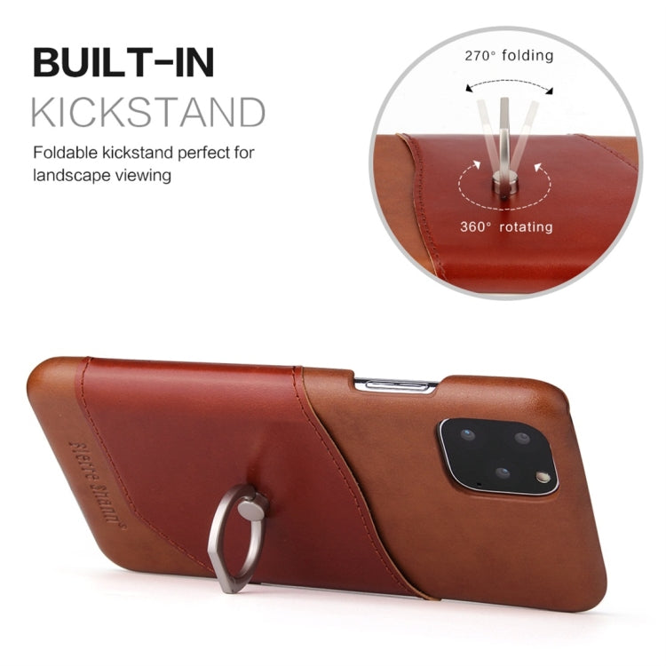 For iPhone 11 Pro Fierre Shann Oil Wax Texture Genuine Leather Back Cover Case with 360 Degree Rotation Holder & Card Slot (Brown) Eurekaonline