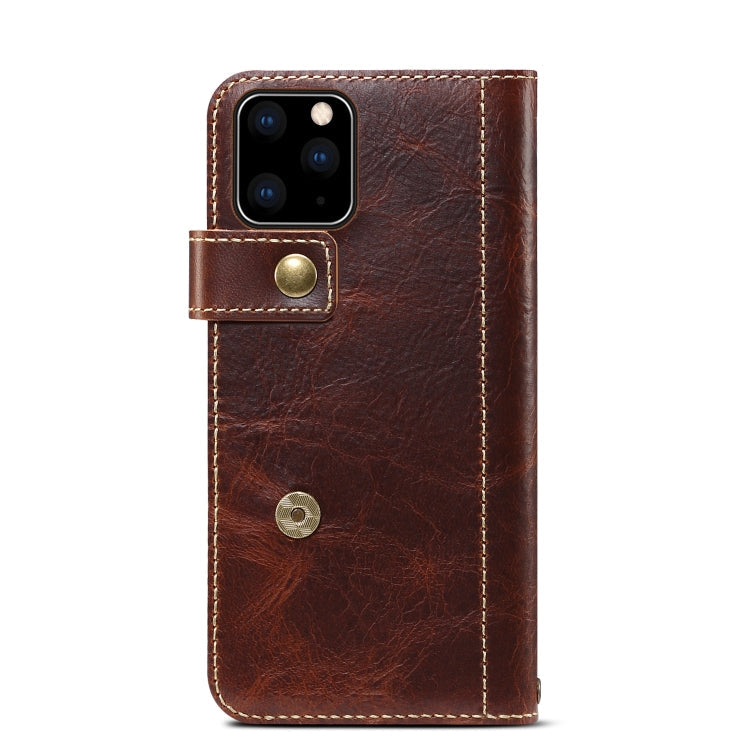 For iPhone 11 Pro Max Denior Oil Wax Cowhide DK Magnetic Button Horizontal Flip Leather Case with Holder & Card Slots & Wallet(Brown) Eurekaonline