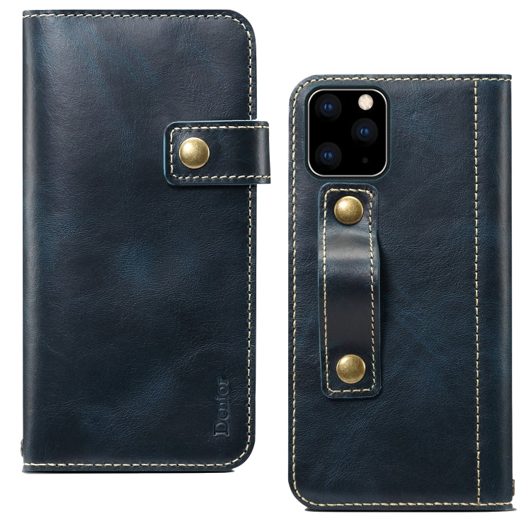 For iPhone 11 Pro Max Denior Oil Wax Cowhide DK Magnetic Button Horizontal Flip Leather Case with Holder & Card Slots & Wallet(Dark Blue) Eurekaonline