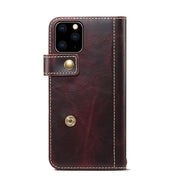 For iPhone 11 Pro Max Denior Oil Wax Cowhide DK Magnetic Button Horizontal Flip Leather Case with Holder & Card Slots & Wallet(Dark Red) Eurekaonline