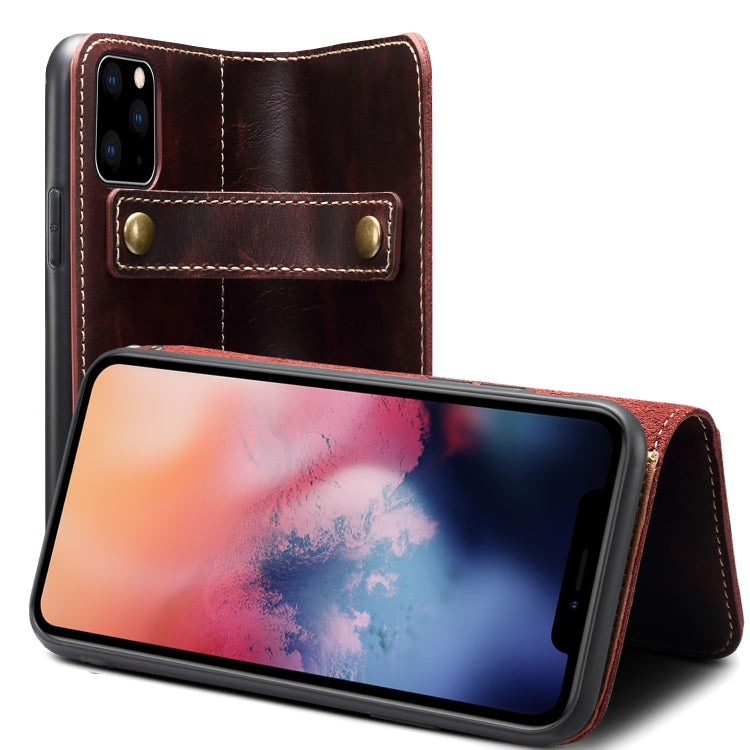 For iPhone 11 Pro Max Denior Oil Wax Cowhide DK Magnetic Button Horizontal Flip Leather Case with Holder & Card Slots & Wallet(Dark Red) Eurekaonline