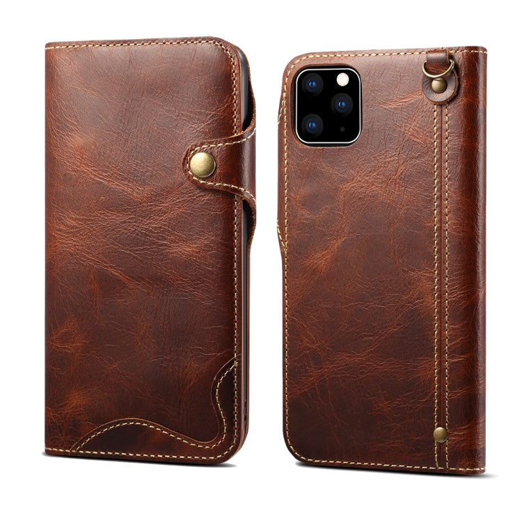 For iPhone 11 Pro Max Denior Oil Wax Cowhide Magnetic Button Horizontal Flip Leather Case with Card Slots & Wallet(Brown) Eurekaonline