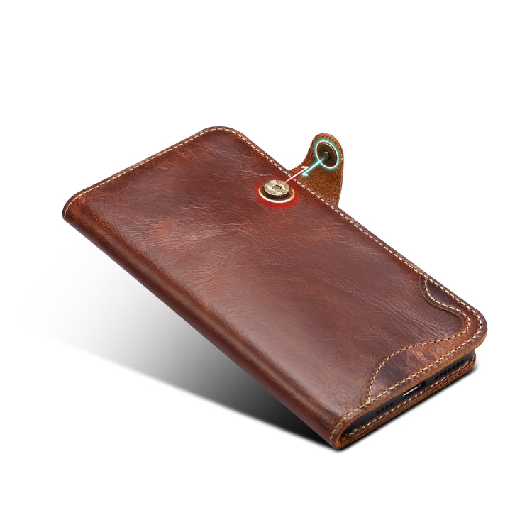 For iPhone 11 Pro Max Denior Oil Wax Cowhide Magnetic Button Horizontal Flip Leather Case with Card Slots & Wallet(Brown) Eurekaonline