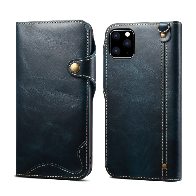 For iPhone 11 Pro Max Denior Oil Wax Cowhide Magnetic Button Horizontal Flip Leather Case with Card Slots & Wallet(Dark Blue) Eurekaonline