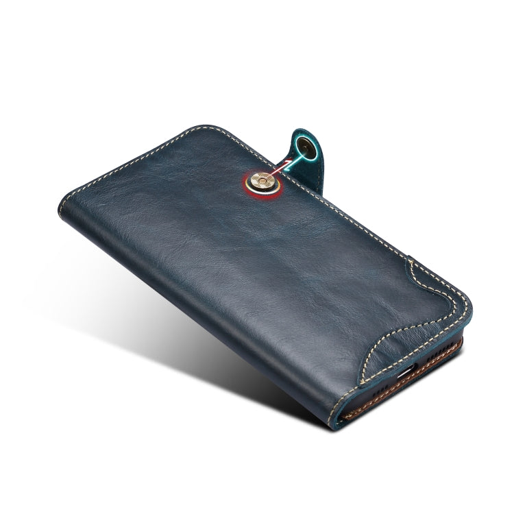 For iPhone 11 Pro Max Denior Oil Wax Cowhide Magnetic Button Horizontal Flip Leather Case with Card Slots & Wallet(Dark Blue) Eurekaonline