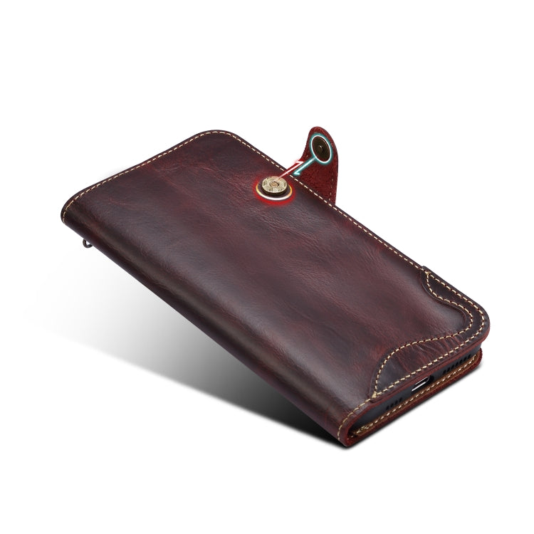 For iPhone 11 Pro Max Denior Oil Wax Cowhide Magnetic Button Horizontal Flip Leather Case with Card Slots & Wallet(Dark Red) Eurekaonline