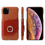 For iPhone 11 Pro Max Fierre Shann Oil Wax Texture Genuine Leather Back Cover Case with 360 Degree Rotation Holder & Card Slot (Brown) Eurekaonline
