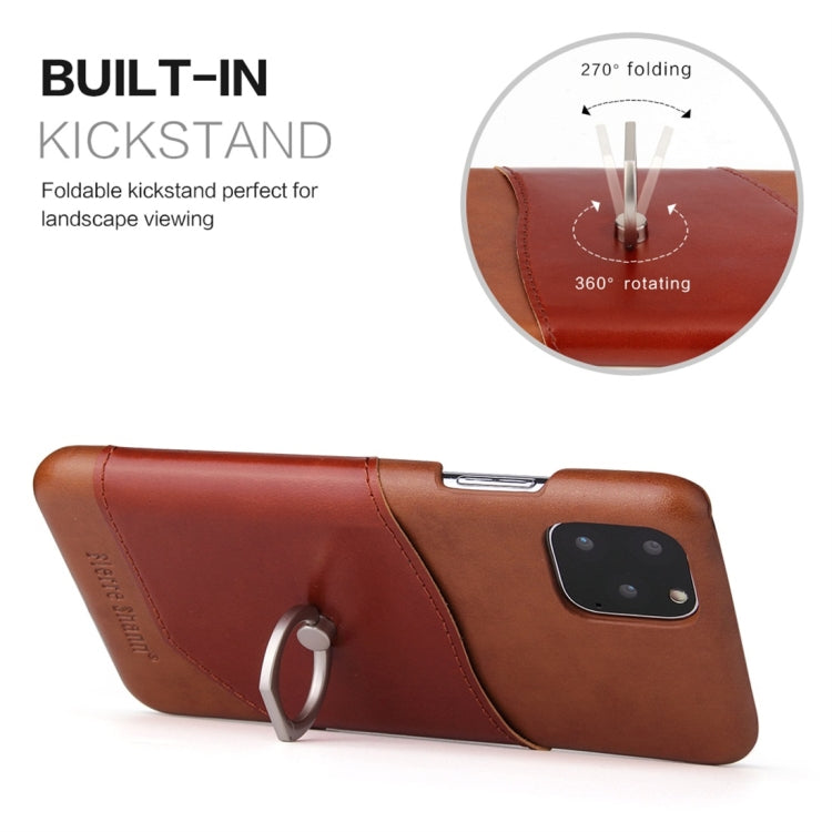 For iPhone 11 Pro Max Fierre Shann Oil Wax Texture Genuine Leather Back Cover Case with 360 Degree Rotation Holder & Card Slot (Brown) Eurekaonline