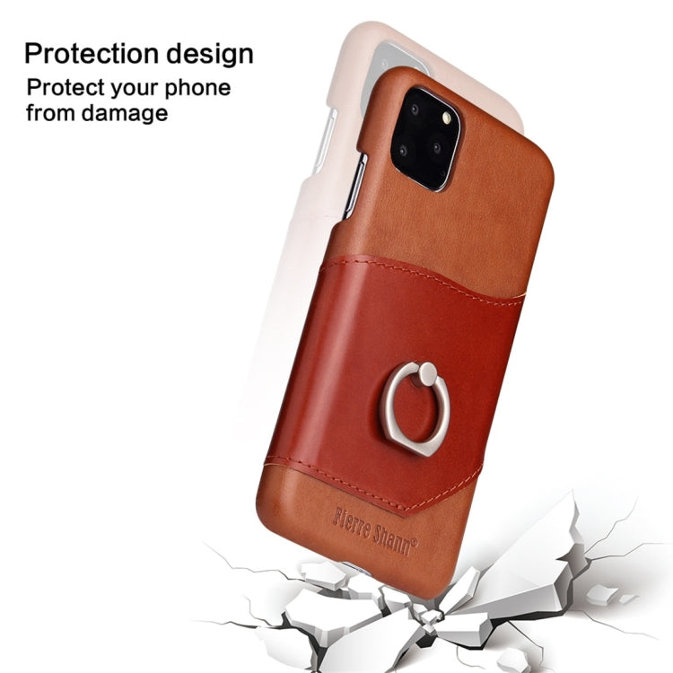 For iPhone 11 Pro Max Fierre Shann Oil Wax Texture Genuine Leather Back Cover Case with 360 Degree Rotation Holder & Card Slot (Brown) Eurekaonline