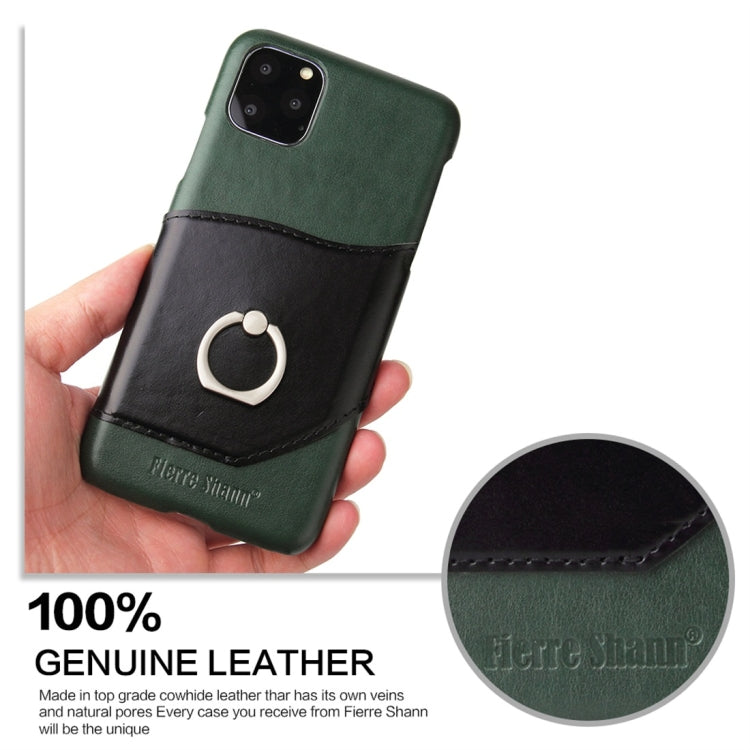 For iPhone 11 Pro Max Fierre Shann Oil Wax Texture Genuine Leather Back Cover Case with 360 Degree Rotation Holder & Card Slot (Green) Eurekaonline