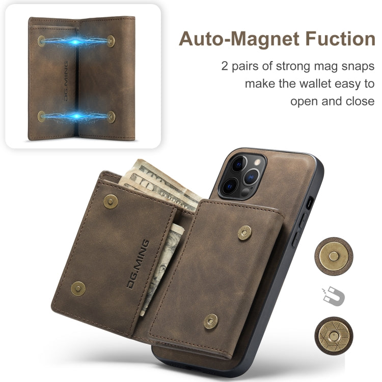 For iPhone 12 / 12 Pro DG.MING M1 Series 3-Fold Multi Card Wallet + Magnetic Back Cover Shockproof Case with Holder Function(Coffee) Eurekaonline