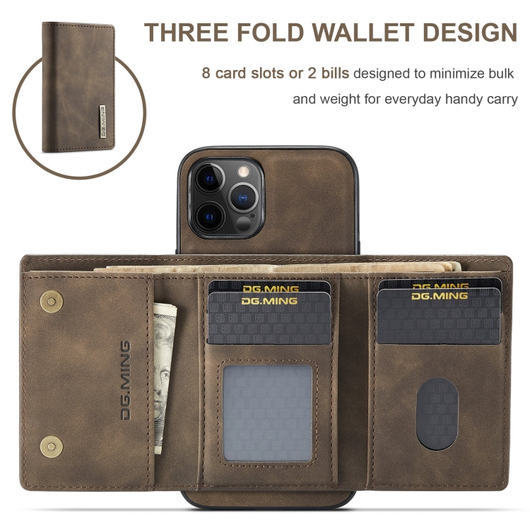  12 Pro DG.MING M1 Series 3-Fold Multi Card Wallet + Magnetic Back Cover Shockproof Case with Holder Function(Coffee) Eurekaonline