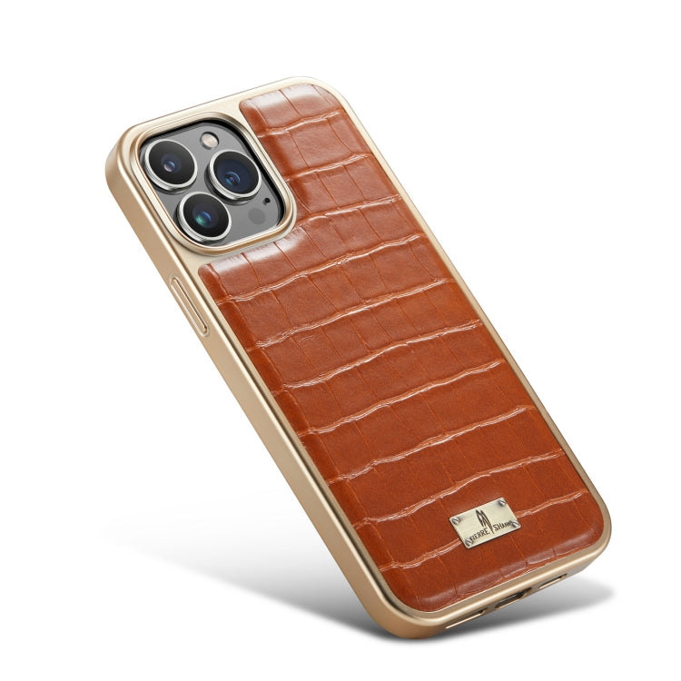 For iPhone 12 / 12 Pro Fierre Shann Crocodile Texture Electroplating PU Phone Case(Brown) Eurekaonline
