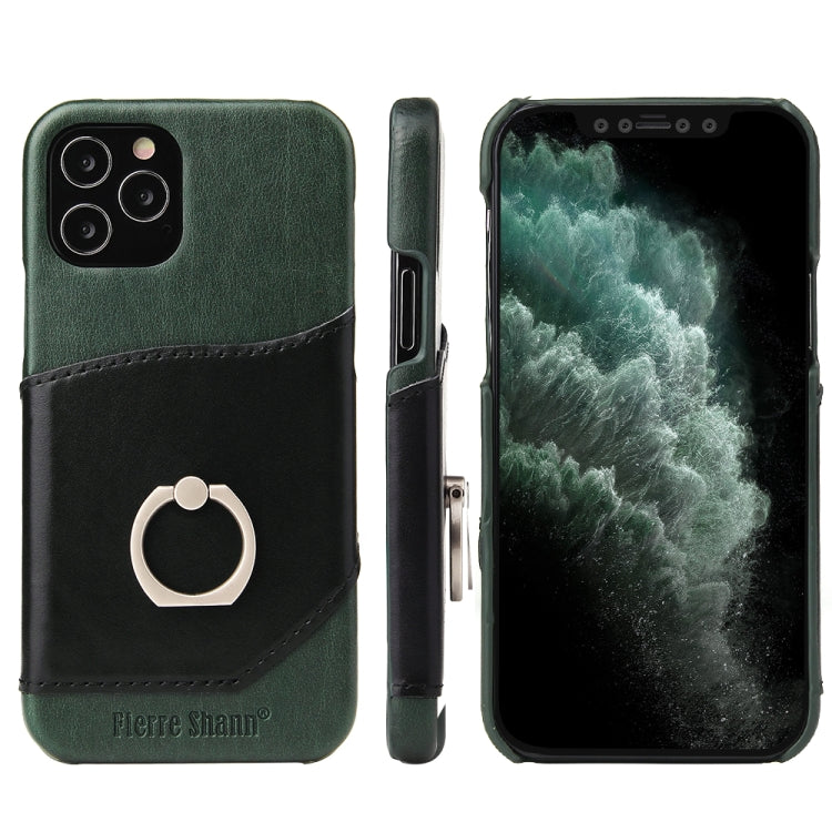 For iPhone 12 / 12 Pro Fierre Shann Oil Wax Texture Genuine Leather Back Cover Case with 360 Degree Rotation Holder & Card Slot(Black+Green) Eurekaonline