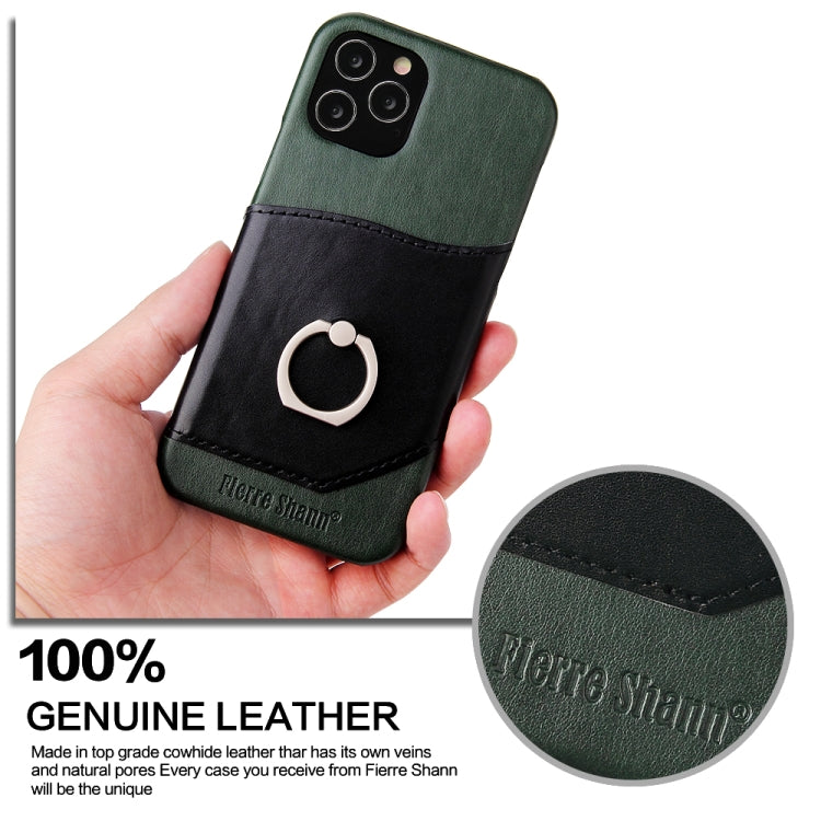 For iPhone 12 / 12 Pro Fierre Shann Oil Wax Texture Genuine Leather Back Cover Case with 360 Degree Rotation Holder & Card Slot(Black+Green) Eurekaonline