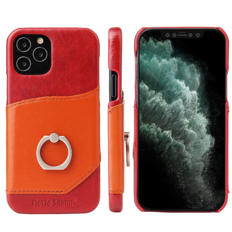 For iPhone 12 / 12 Pro Fierre Shann Oil Wax Texture Genuine Leather Back Cover Case with 360 Degree Rotation Holder & Card Slot(Red+Light Brown) Eurekaonline