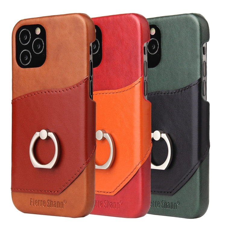 For iPhone 12 / 12 Pro Fierre Shann Oil Wax Texture Genuine Leather Back Cover Case with 360 Degree Rotation Holder & Card Slot(Red+Light Brown) Eurekaonline