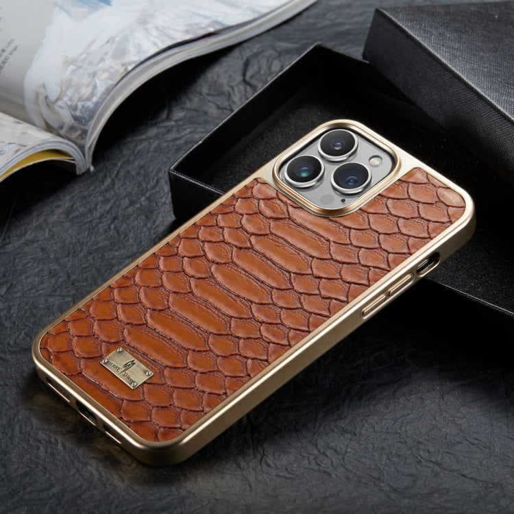 For iPhone 12 / 12 Pro Fierre Shann Python Texture Electroplating PU Phone Case(Brown) Eurekaonline