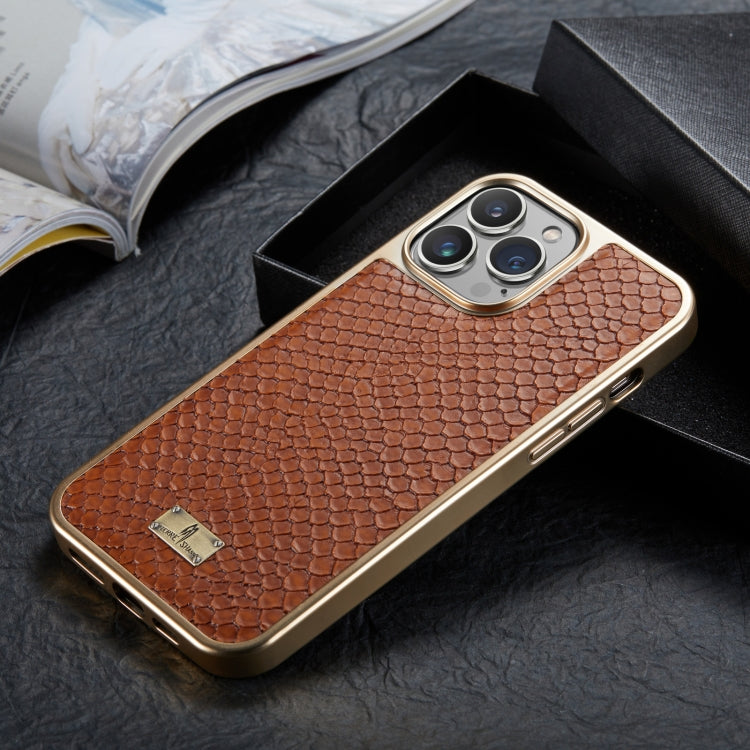 For iPhone 12 / 12 Pro Fierre Shann Snake Texture Electroplating PU Phone Case(Brown) Eurekaonline