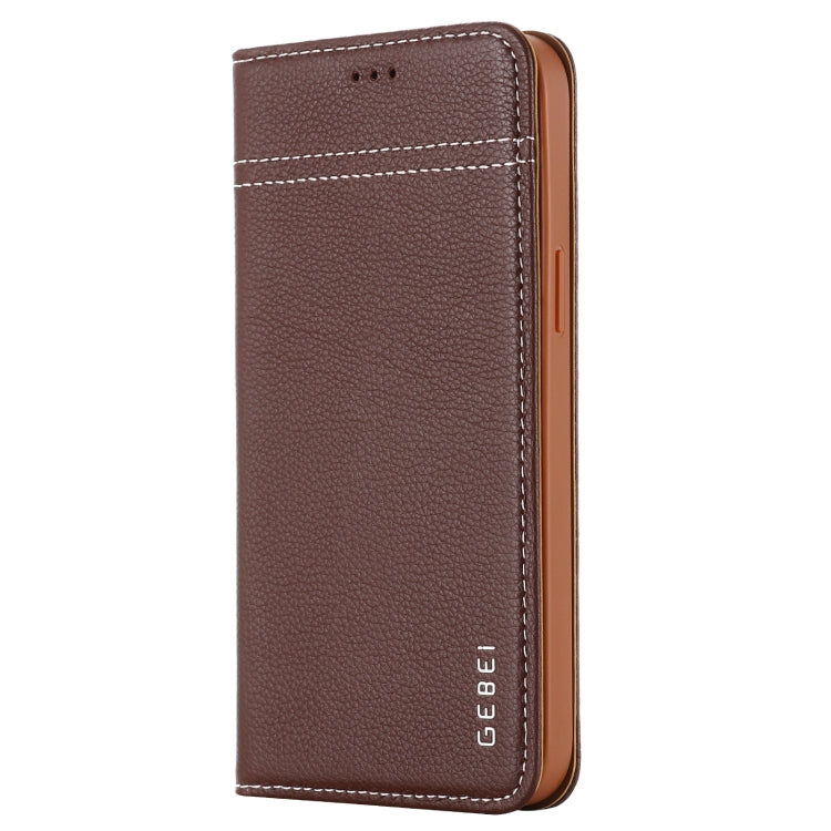 For iPhone 12 / 12 Pro GEBEI Top-grain Leather Horizontal Flip Protective Case with Holder & Card Slots(Brown) Eurekaonline