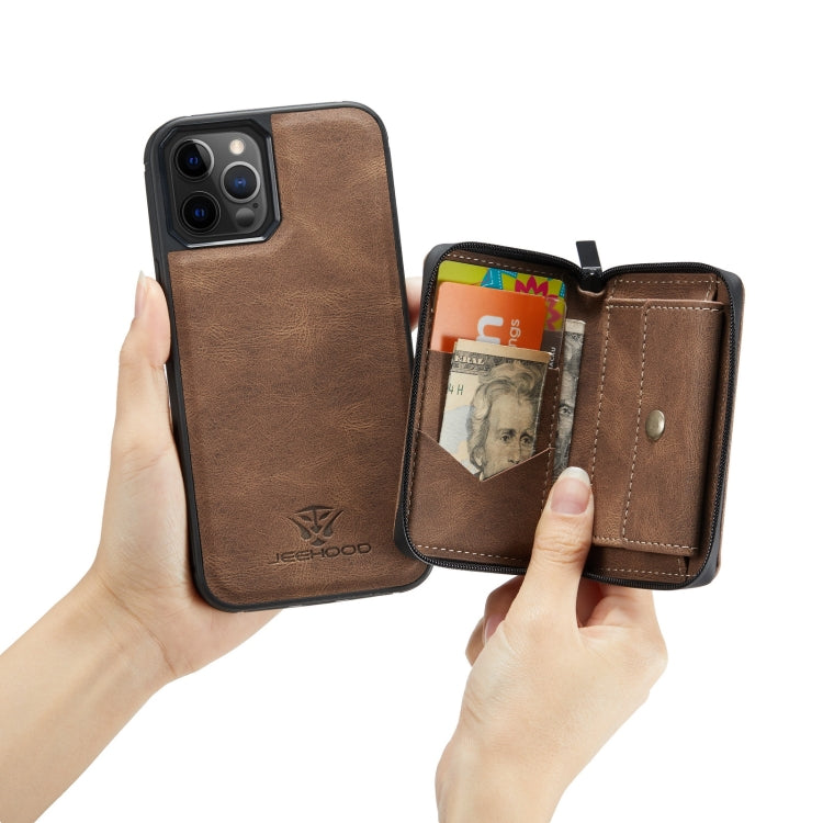 For iPhone 12 / 12 Pro JEEHOOD Magnetic Zipper Horizontal Flip Leather Case with Holder & Card Slot & Wallet(Brown) Eurekaonline
