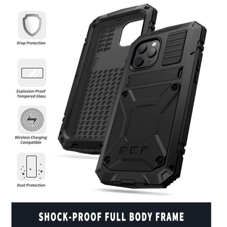 For iPhone 12 / 12 Pro R-JUST Shockproof Waterproof Dust-proof Metal + Silicone Protective Case with Holder(Black) Eurekaonline