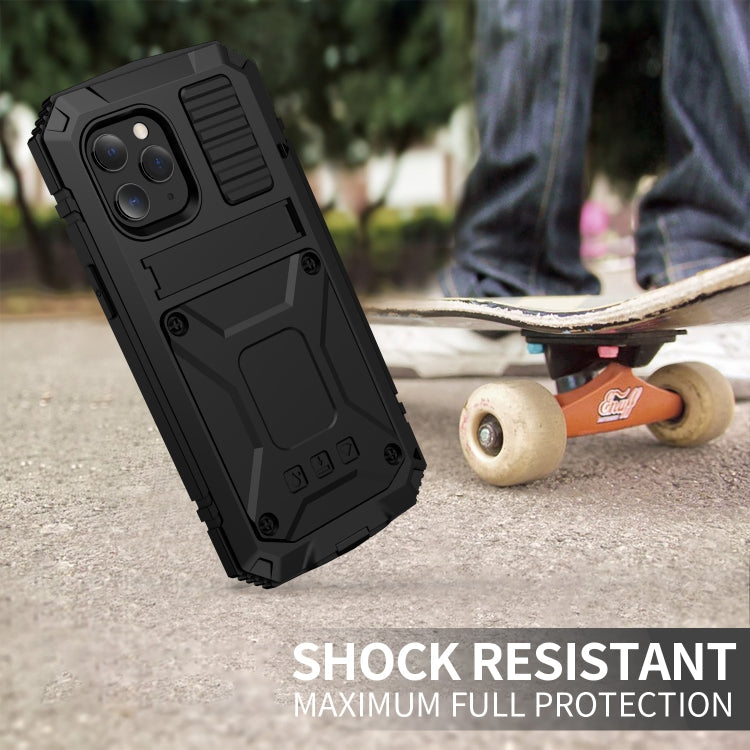 For iPhone 12 / 12 Pro R-JUST Shockproof Waterproof Dust-proof Metal + Silicone Protective Case with Holder(Black) Eurekaonline