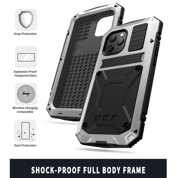 For iPhone 12 / 12 Pro R-JUST Shockproof Waterproof Dust-proof Metal + Silicone Protective Case with Holder(Silver) Eurekaonline