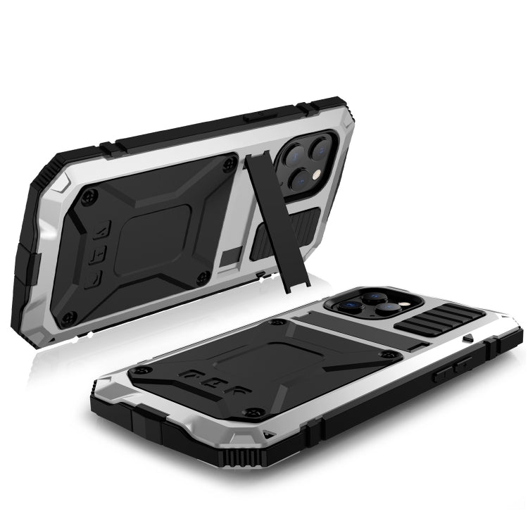 For iPhone 12 / 12 Pro R-JUST Shockproof Waterproof Dust-proof Metal + Silicone Protective Case with Holder(Silver) Eurekaonline