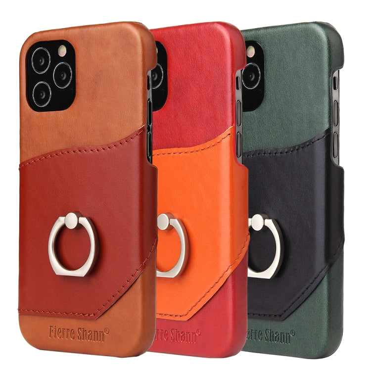 For iPhone 12 mini Fierre Shann Oil Wax Texture Genuine Leather Back Cover Case with 360 Degree Rotation Holder & Card Slot(Black+Green) Eurekaonline