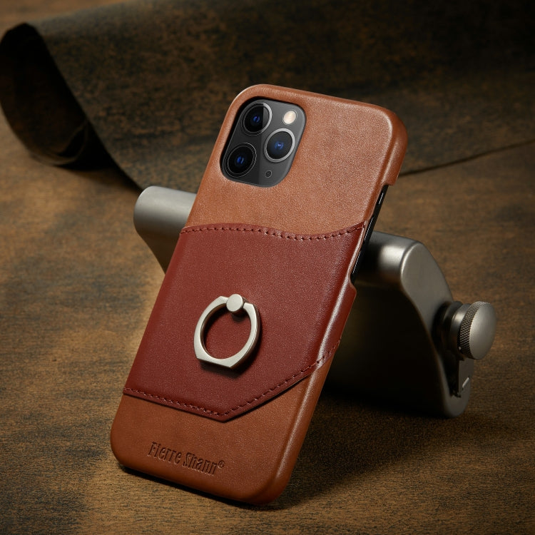 For iPhone 12 mini Fierre Shann Oil Wax Texture Genuine Leather Back Cover Case with 360 Degree Rotation Holder & Card Slot(Light Brown+Dark Brown) Eurekaonline