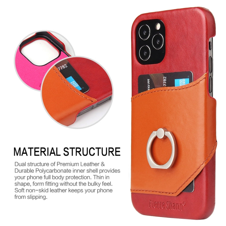 For iPhone 12 mini Fierre Shann Oil Wax Texture Genuine Leather Back Cover Case with 360 Degree Rotation Holder & Card Slot(Red+Light Brown) Eurekaonline