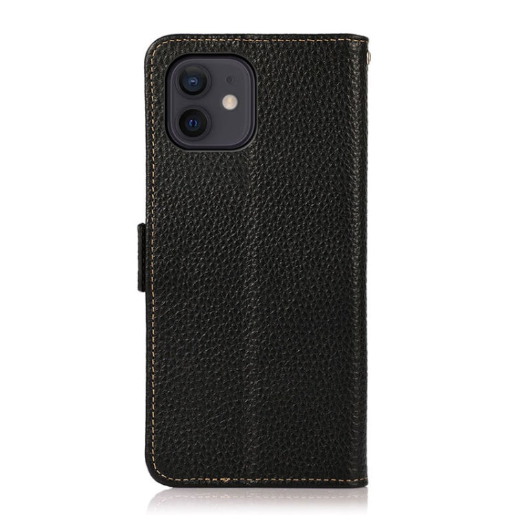 For iPhone 12 mini KHAZNEH Side-Magnetic Litchi Genuine Leather RFID Case (Black) Eurekaonline