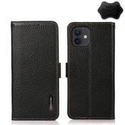 For iPhone 12 mini KHAZNEH Side-Magnetic Litchi Genuine Leather RFID Case (Black) Eurekaonline