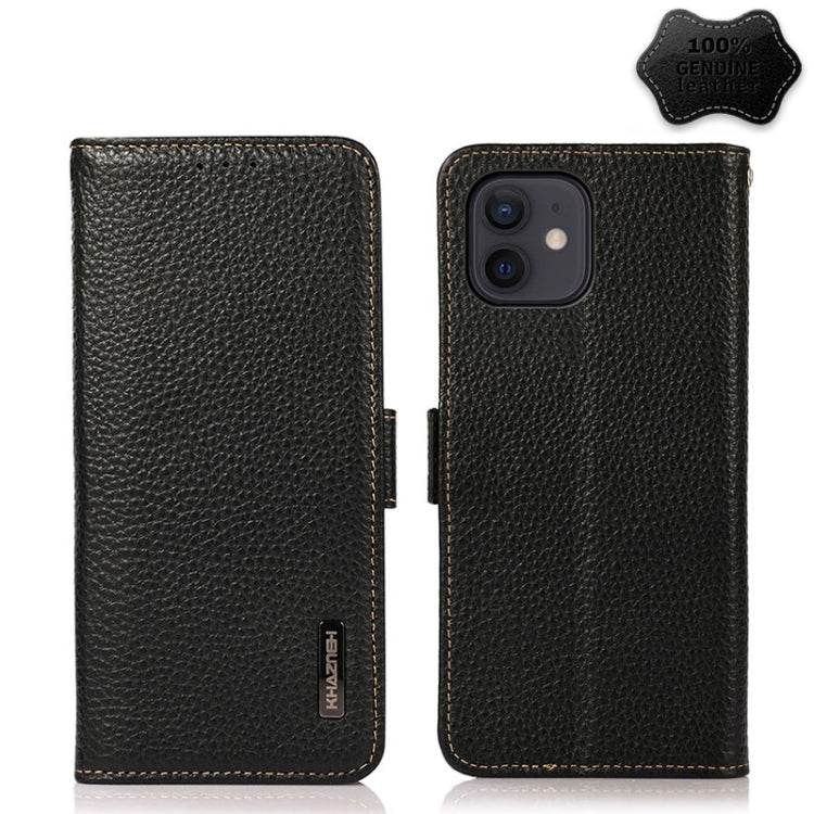For iPhone 12 mini KHAZNEH Side-Magnetic Litchi Genuine Leather RFID Case (Black) Eurekaonline