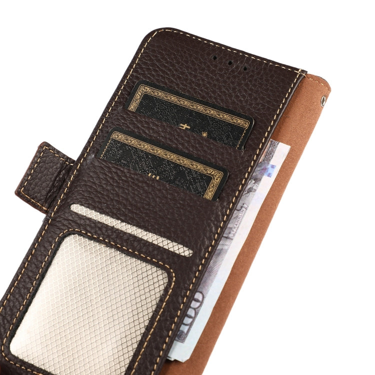 For iPhone 12 mini KHAZNEH Side-Magnetic Litchi Genuine Leather RFID Case (Brown) Eurekaonline