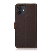 For iPhone 12 mini KHAZNEH Side-Magnetic Litchi Genuine Leather RFID Case (Brown) Eurekaonline