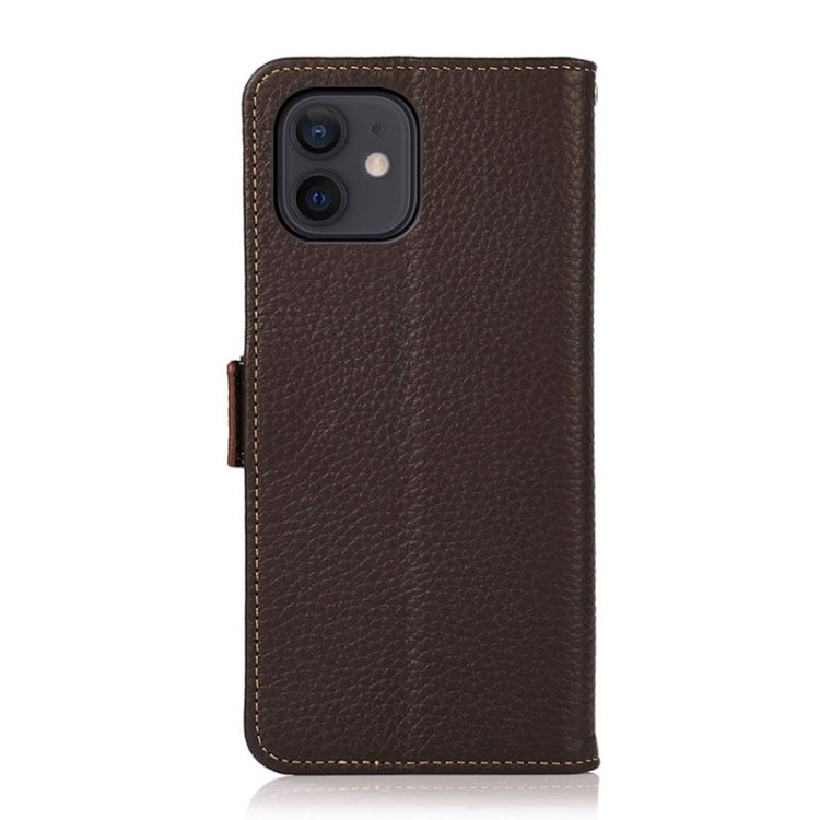 For iPhone 12 mini KHAZNEH Side-Magnetic Litchi Genuine Leather RFID Case (Brown) Eurekaonline