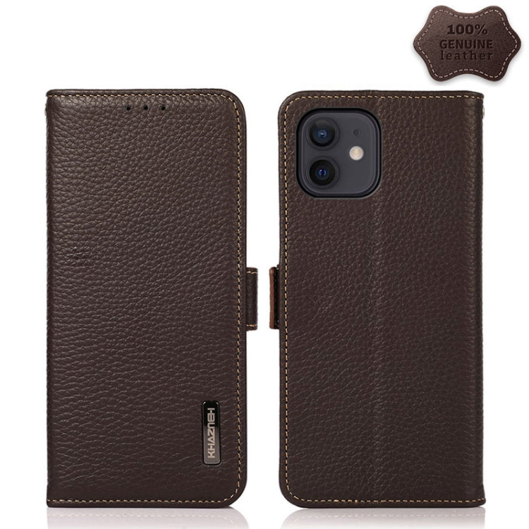 For iPhone 12 mini KHAZNEH Side-Magnetic Litchi Genuine Leather RFID Case (Brown) Eurekaonline