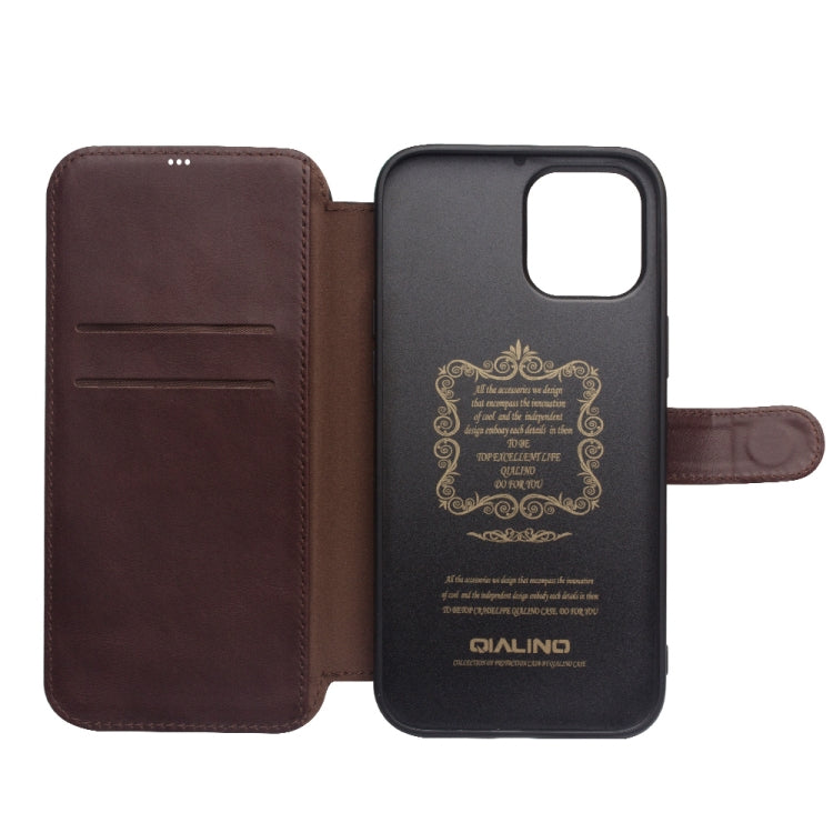 For iPhone 12 mini QIALINO Business Magnetic Horizontal Flip Leather Case with Card Slots & Wallet (Dark Brown) Eurekaonline