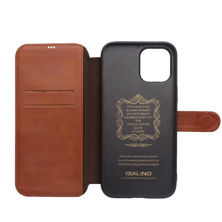 For iPhone 12 mini QIALINO Business Magnetic Horizontal Flip Leather Case with Card Slots & Wallet (Light Brown) Eurekaonline
