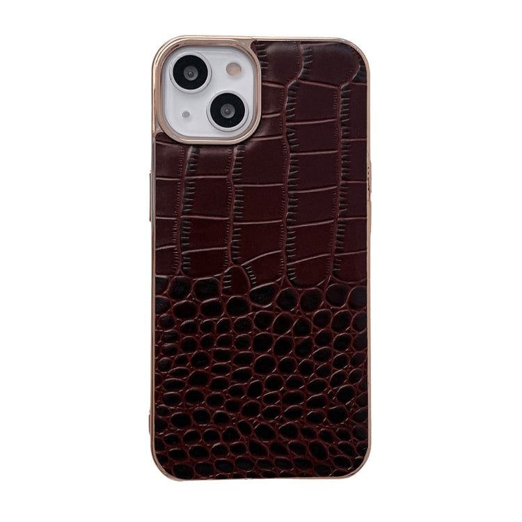 For iPhone 13 Crocodile Texture Genuine Leather Nano Electroplating Phone Case(Coffee) Eurekaonline