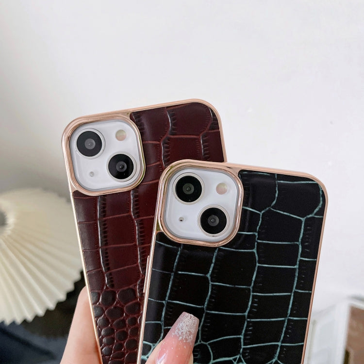 For iPhone 13 Crocodile Texture Genuine Leather Nano Electroplating Phone Case(Coffee) Eurekaonline
