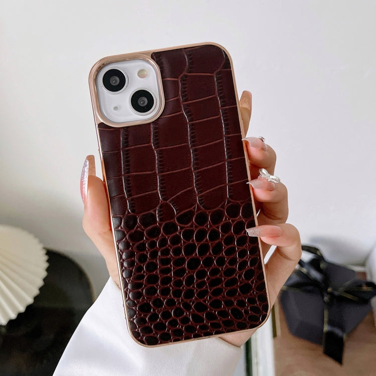 For iPhone 13 Crocodile Texture Genuine Leather Nano Electroplating Phone Case(Coffee) Eurekaonline