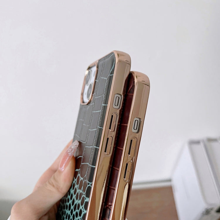 For iPhone 13 Crocodile Texture Genuine Leather Nano Electroplating Phone Case(Coffee) Eurekaonline